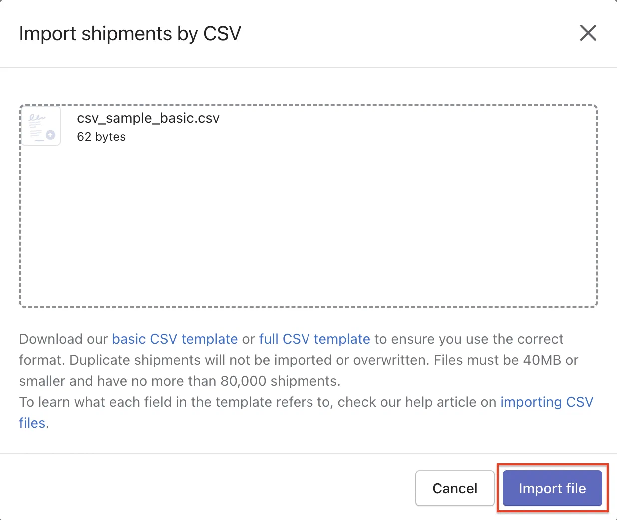 AfterShip 已选取 CSV 文件的导入窗口