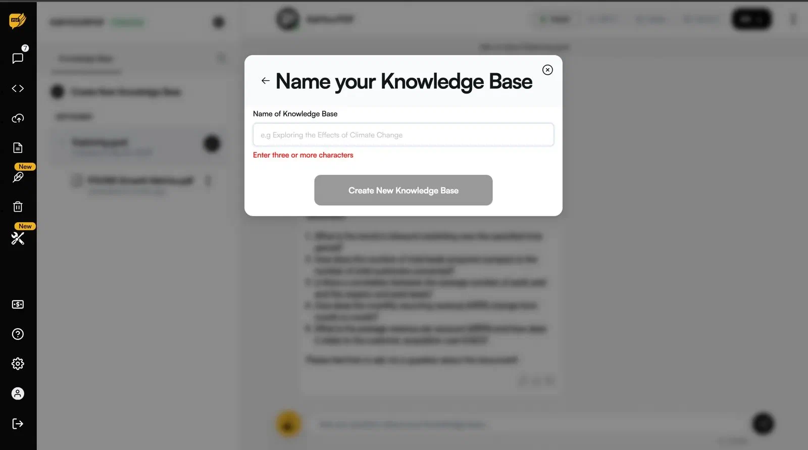 AskYourPDF 的知识库命名对话框和创建按钮