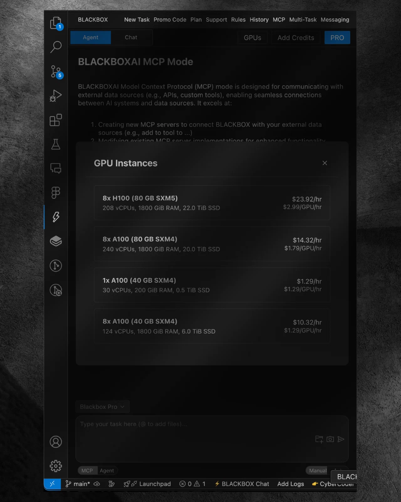 BLACKBOX 官方历史 IDE 扩展的 GPU 实例选择弹窗