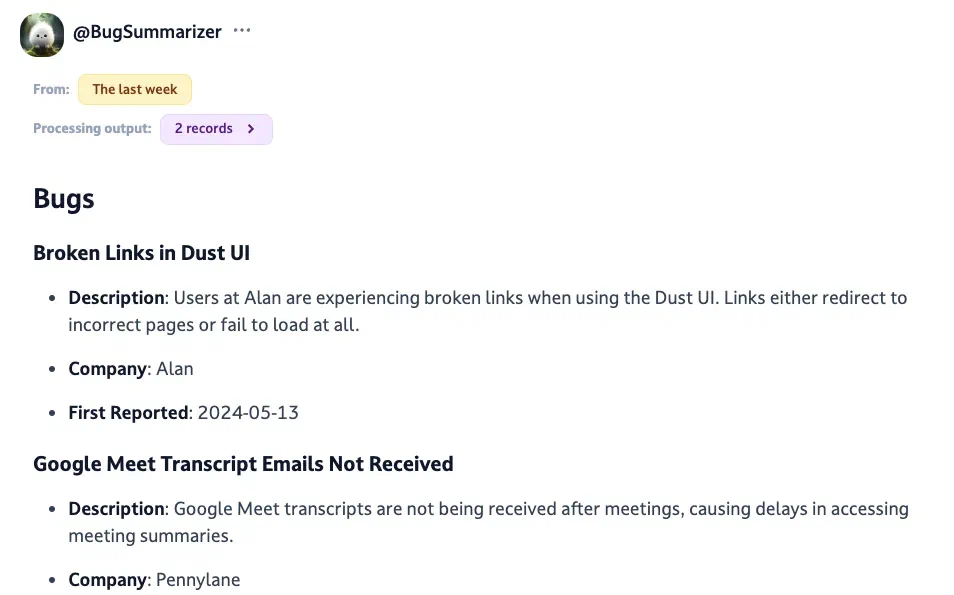 Dust 官方示例中的 BugSummarizer 提取结果与记录入口