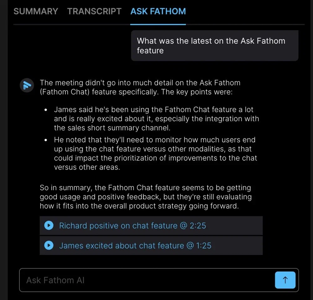 Fathom 会议问答与时间定位链接