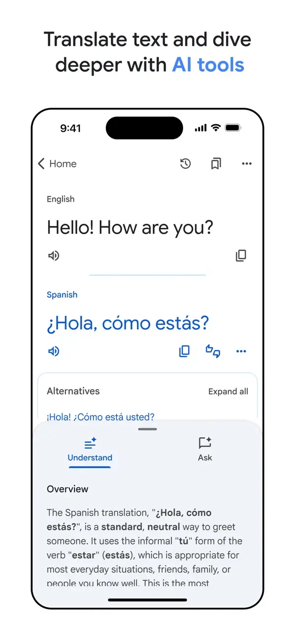 Google Translate 移动端的原文、译文和释义面板