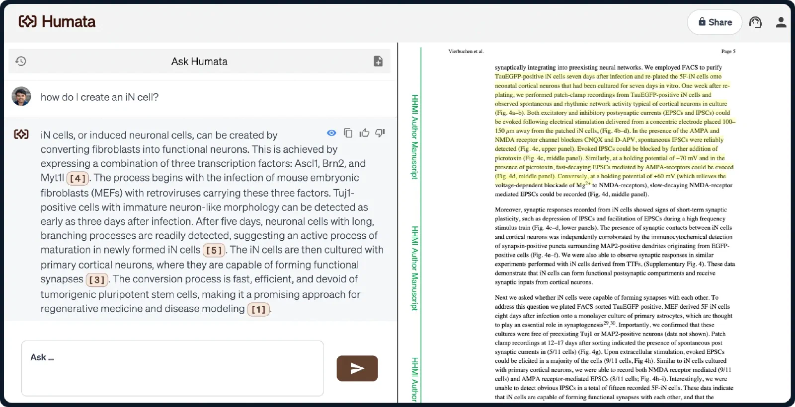 Humata 左侧带引用的回答与右侧高亮 PDF 原文