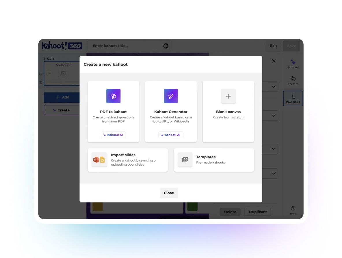 Kahoot 测验编辑器中的新建方式选择