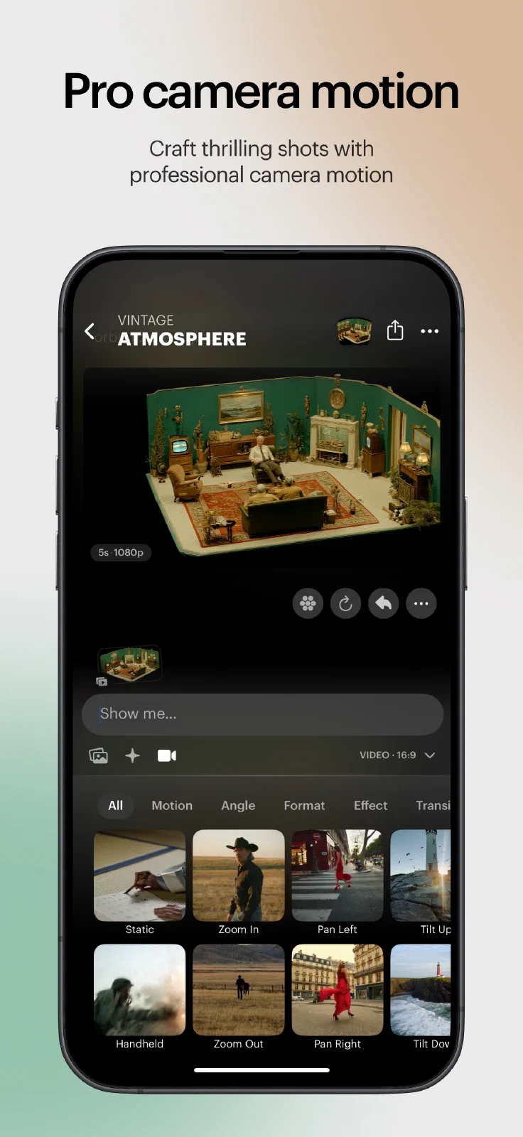 Luma Dream Machine iOS 的视频预览、提示输入和镜头运动选项