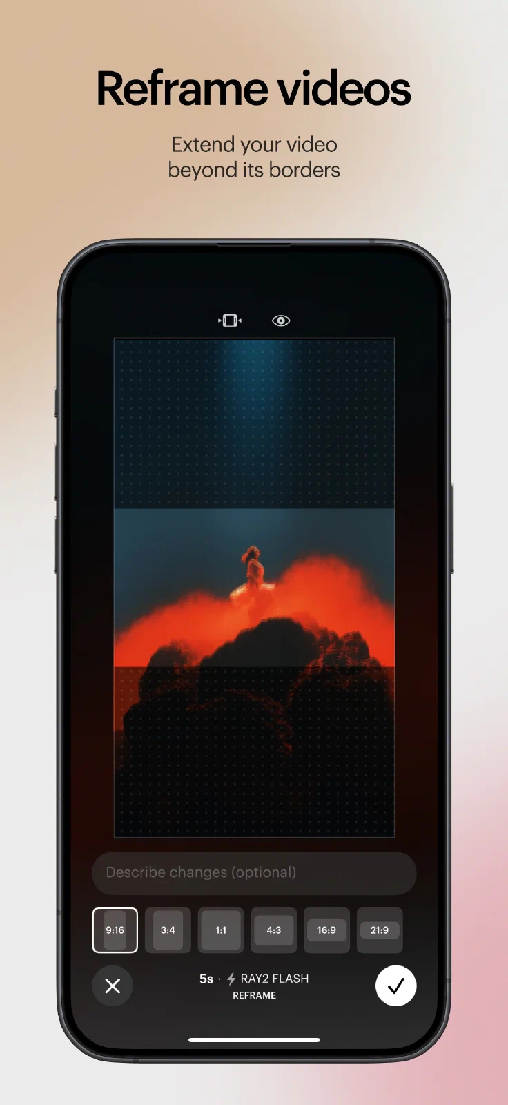 Luma Dream Machine iOS 扩画幅界面的预览区域和比例选择