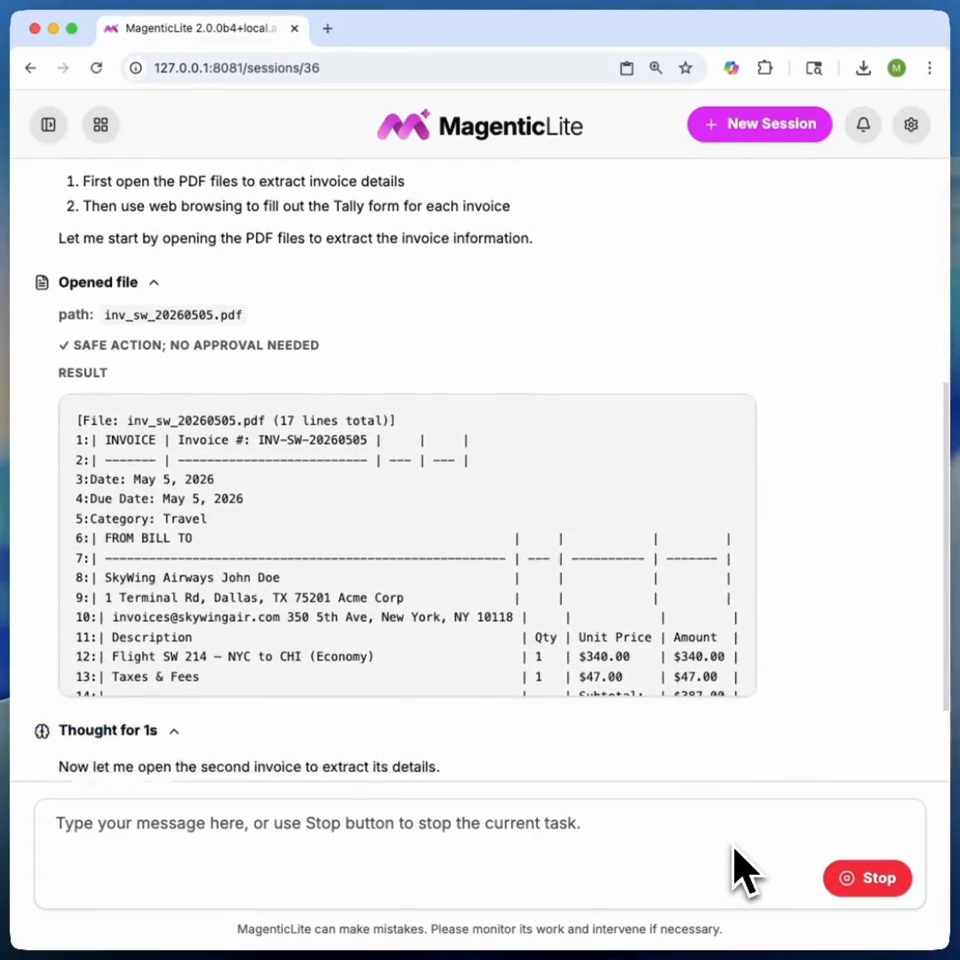 MagenticLite 官方演示中的任务步骤、文件结果和停止按钮