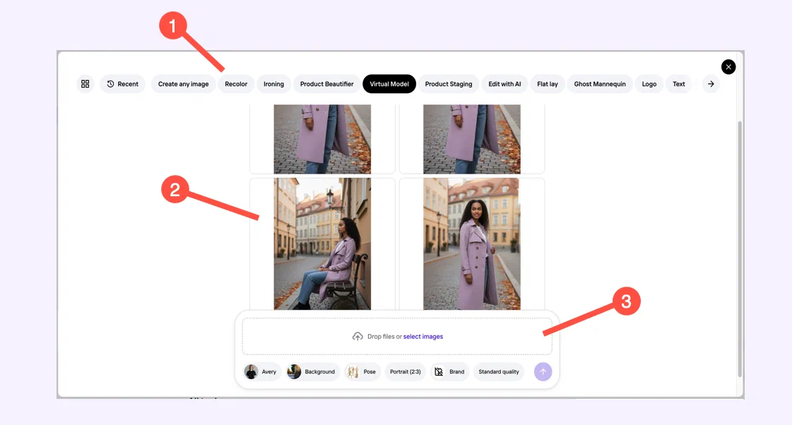 Photoroom AI 编辑器的工具切换、虚拟模特结果与参数面板