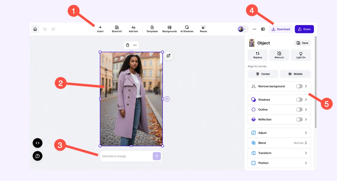 Photoroom 主编辑器中选中的照片、画布工具栏和对象设置
