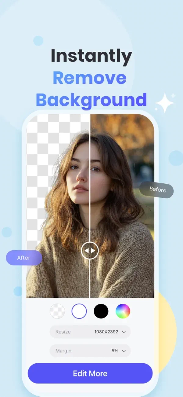 PicWish iOS 中的去背景对比、背景颜色和尺寸选项