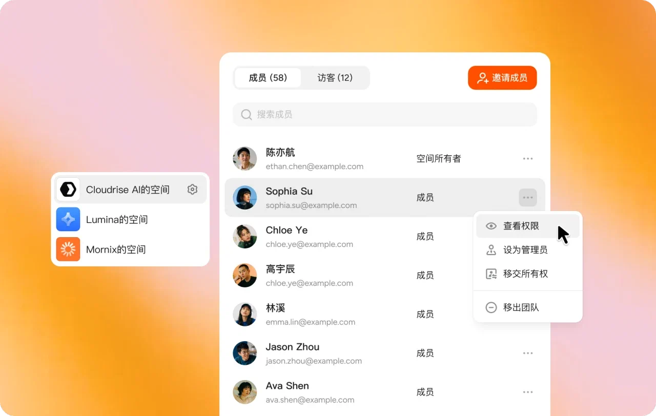 PPTGO 团队成员列表、邀请按钮与权限菜单
