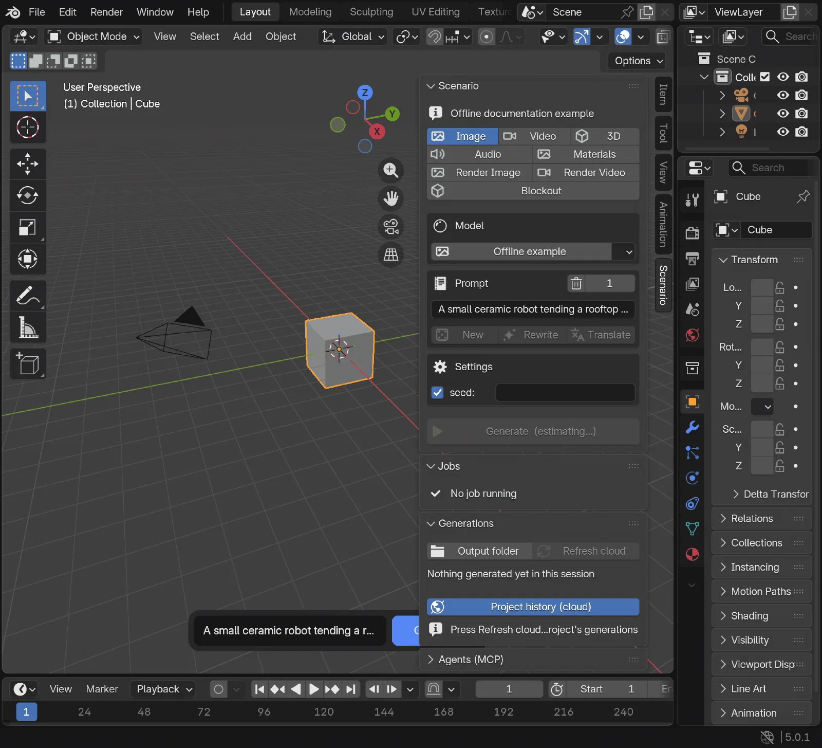 Scenario 的 Blender 插件侧栏、创建类型和提示词设置
