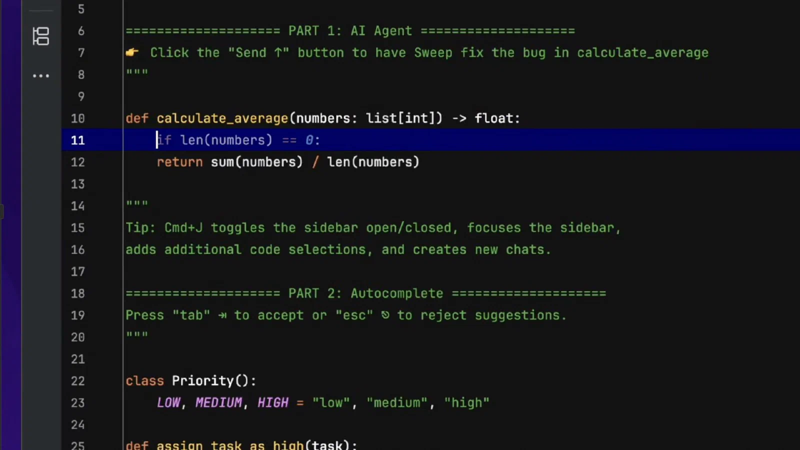 Sweep AI 官方录屏中针对 Python 函数的代码补全建议