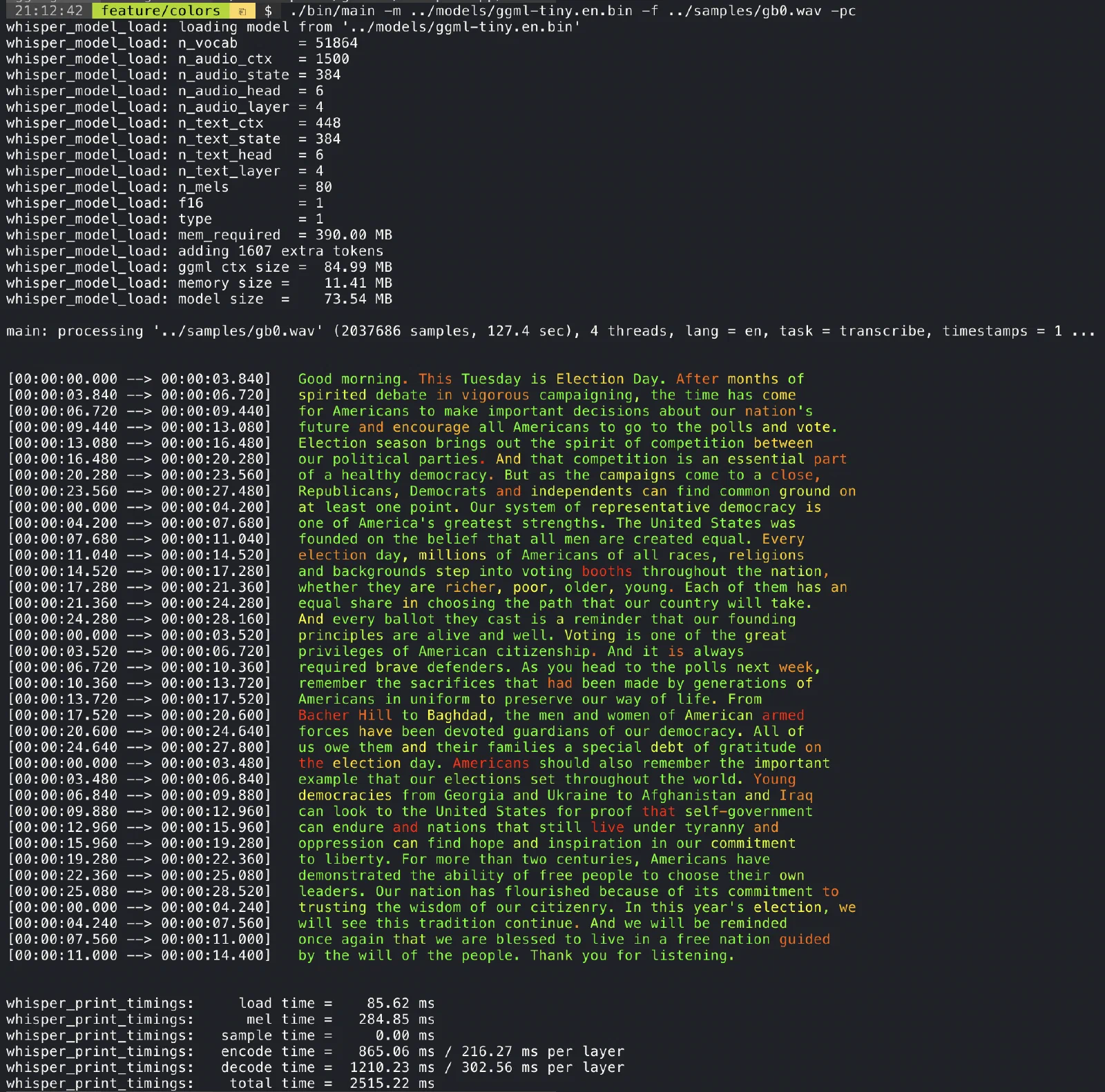whisper.cpp 终端中的模型加载与时间戳转写