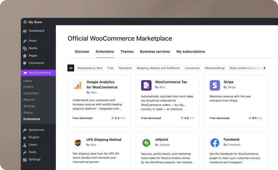 WooCommerce 后台中的扩展分类和扩展卡片